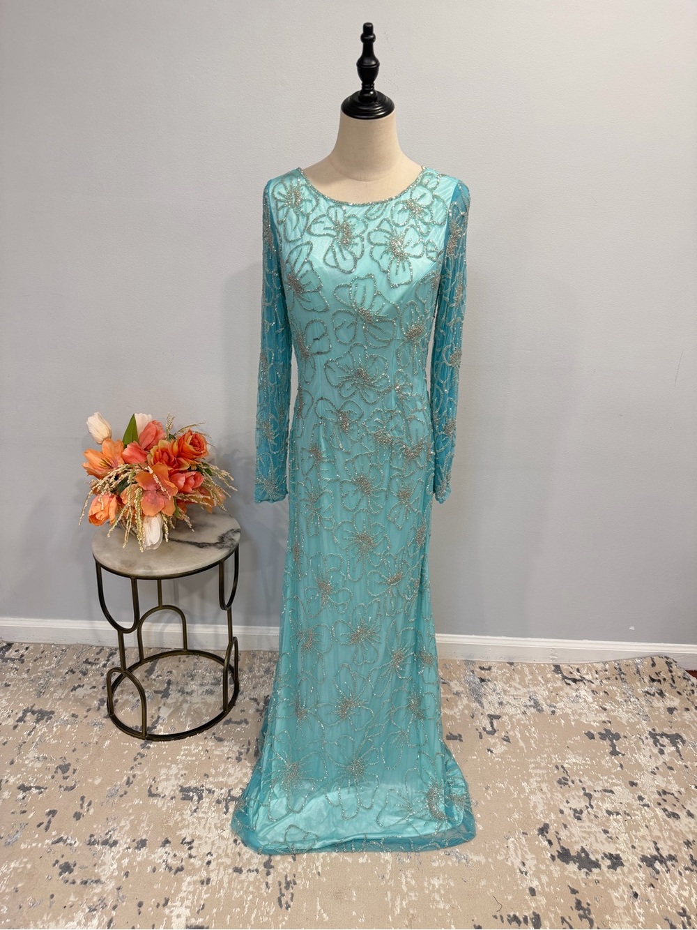 Primavera Couture Aqua Floral Beaded Long Sleeve Cowl Open Back Formal Gown